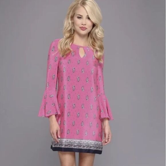 Juicy Couture 100% Silk Long Bell Sleeve Paisley Print Dress Size 6 Boho Hippie - Picture 11 of 12